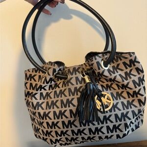 Michael Kors Black and Tan Logo Tote Bag Clean Inside